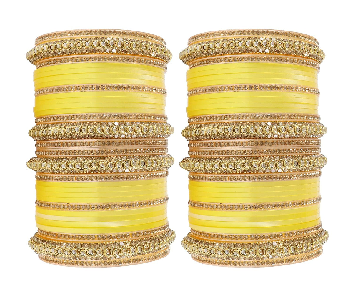 NMII Acrylic (Plastic) with Zircon Gemstone Or Beads and Spread with Glitter Pattern Glossy Finished Chuda Set For Women and Girls, (Yellow16_2.8 Inches), Pack Of 60 Bangle Set