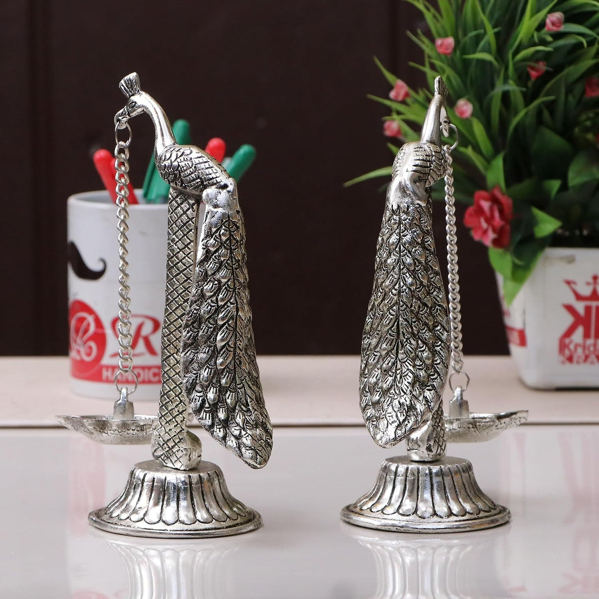 KridayKraft Peacock Design Metal Hanging with Chain Diya Pair of Peacock Design Bird Diya Deepak Oil Lamp