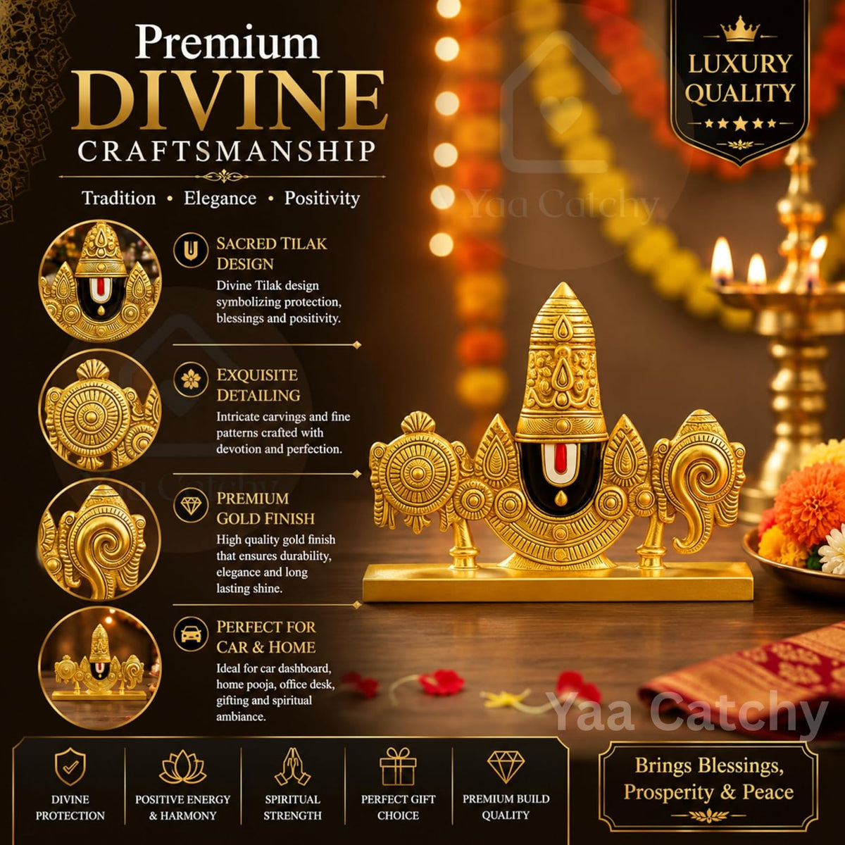 YaaNatural Yaa Catchy Lord Balaji Double-Sided Idol for Car Dashboard & Home Decor Gold Finish Venkateswara Face Statue | Spiritual Gift, Pooja & Office Idol (Balaji Double Side Gold)