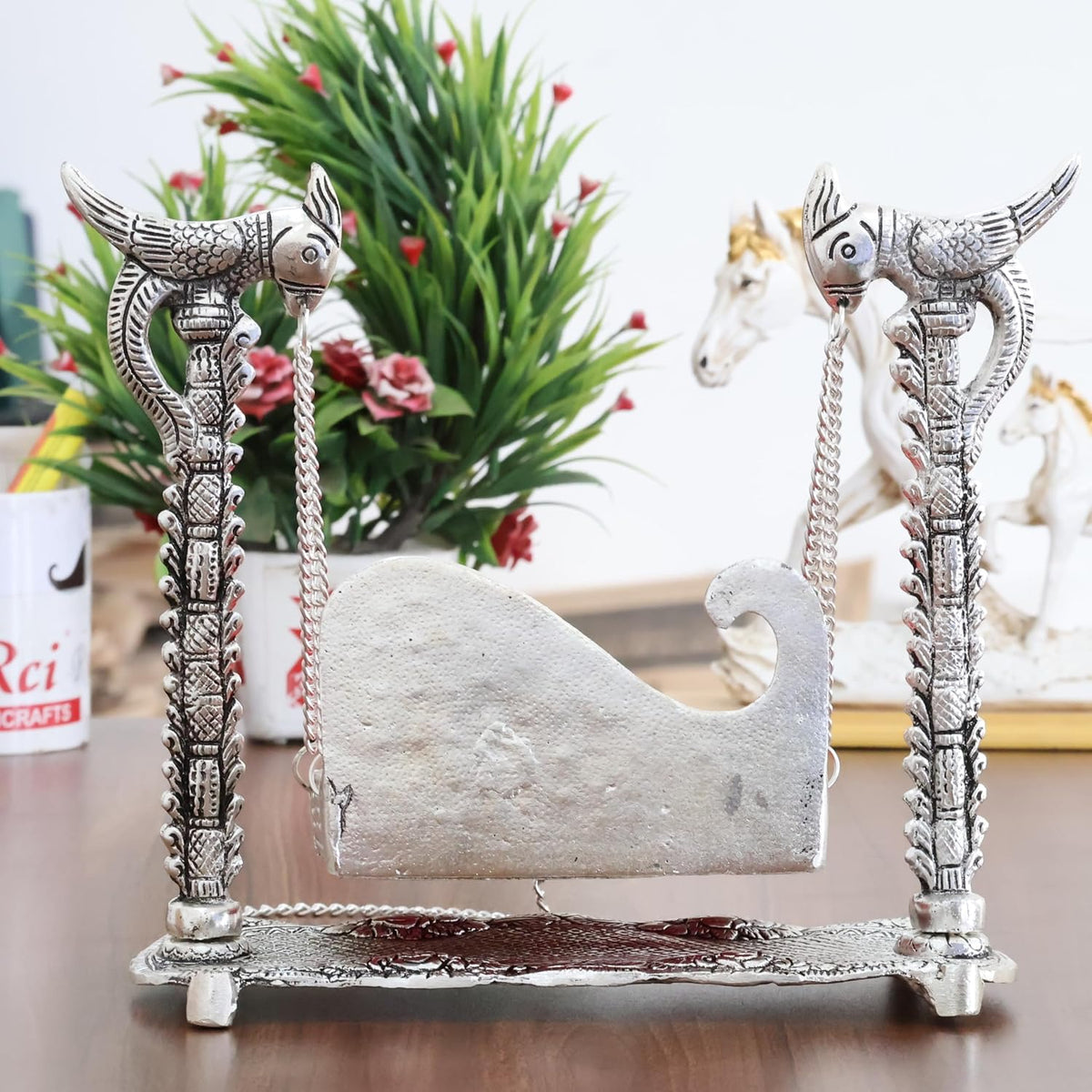 KridayKraft Metal Swing Laddu Gopal Jhula,Krishna Hindola Palana,Decorative Laddu Gopal for Temple Pooja,Showpiece Figurines,Religious Idol Gift Article.