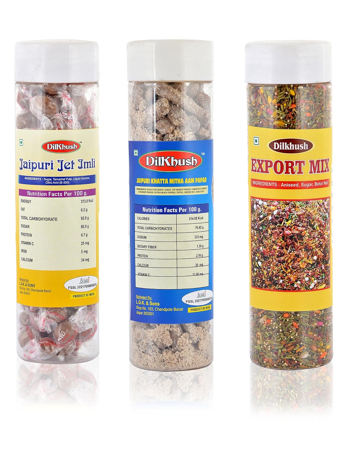 Dilkhush Combo of Jaipuri Aam Papad, Jaipuri Jet Imli and Export Mix, 550 Grams, Pack of 3