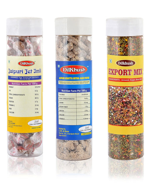 Dilkhush Combo of Jaipuri Aam Papad, Jaipuri Jet Imli and Export Mix, 550 Grams, Pack of 3