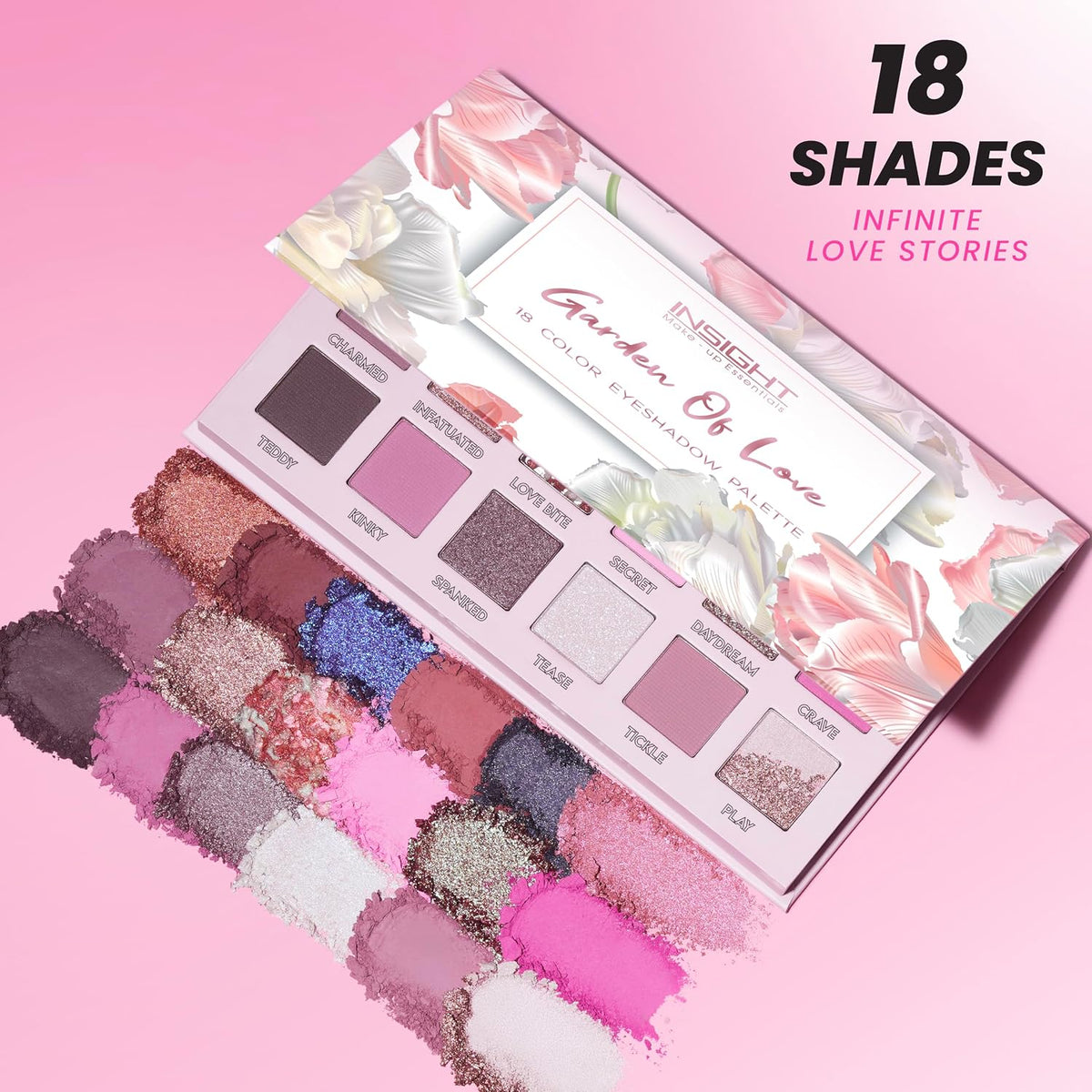 INSIGHT Garden of Love Eyeshadow Palette | 18 Pigmented Shades with Metallic, Shimmer & Multi-Finish Colors | Long-Lasting, Blendable Eye Makeup for Day or Night | 40g