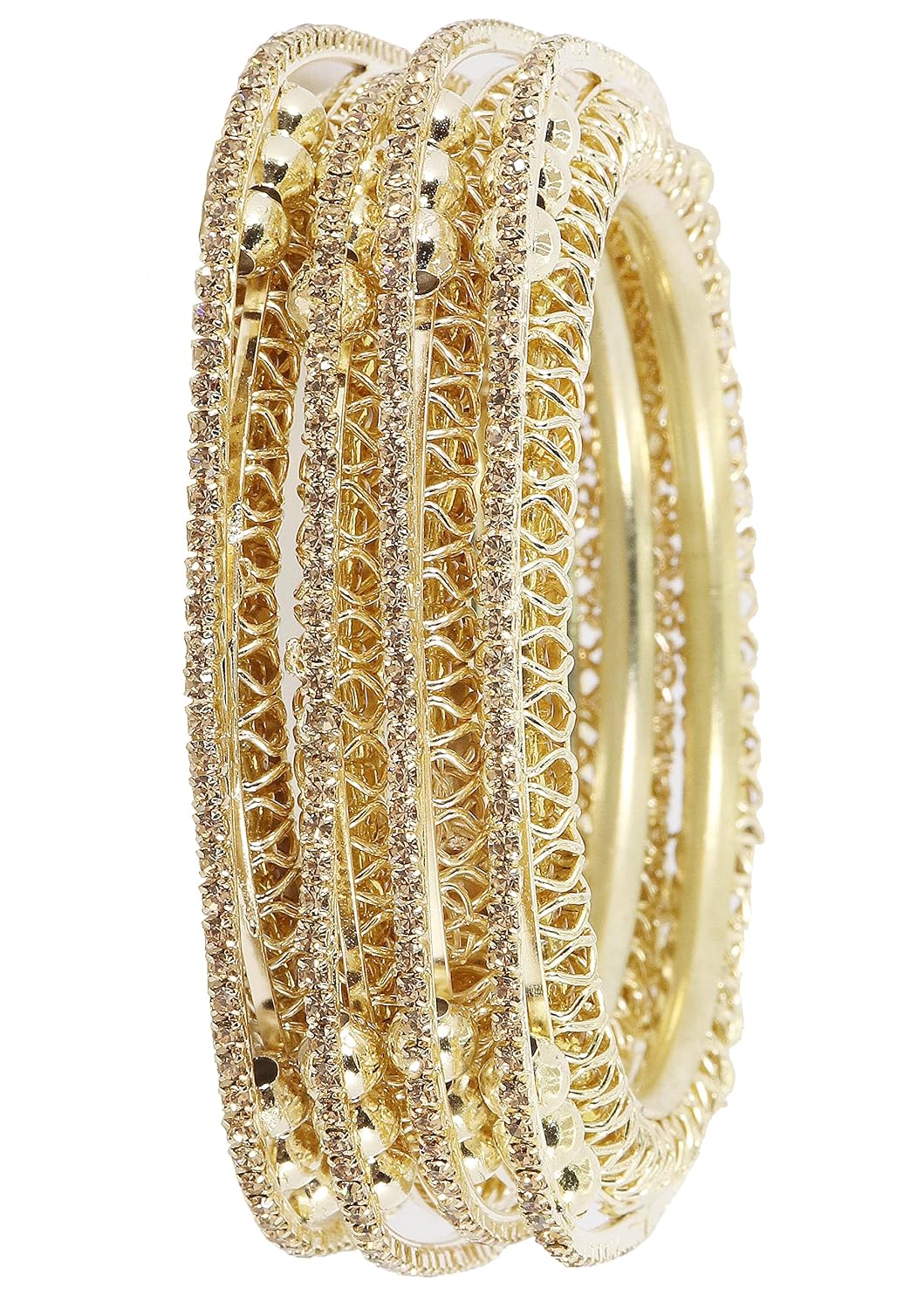 NMII Traditional Golden Metal with Zircon Stone & Pearls Moti Beads Work Kada Bangles Set For Women & Girls | Designer Women's Bangles Latest | Metal Bangles | Bridal Wedding Bangles-Set of 4
