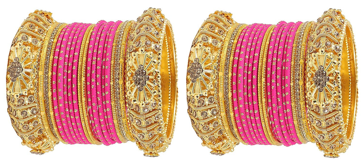 NMII Golden Polka Dotted Metal Bangles Chuda Set For Women & Girls with Zircon Stone & Beads Worked | Traditional Women's Bangles Chooda Set | Bangles For Women Latest- Set of 34