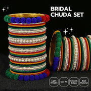 NMII Premium White Stone & Pearls Moti Velvet Bangles Bridal Chuda Set For Women & Girls | AD Chuda Set | Bangles For Women Traditional | Bangles For Wedding, Party, Occasion Jewellery- Set of 86