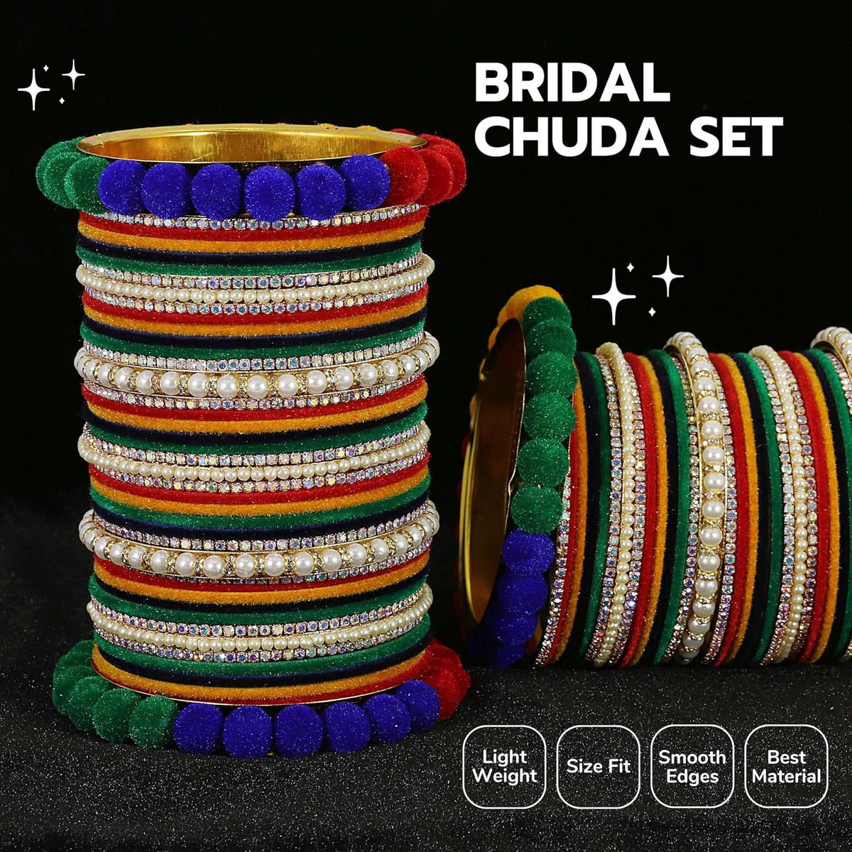 NMII Premium White Stone & Pearls Moti Velvet Bangles Bridal Chuda Set For Women & Girls | AD Chuda Set | Bangles For Women Traditional | Bangles For Wedding, Party, Occasion Jewellery- Set of 86