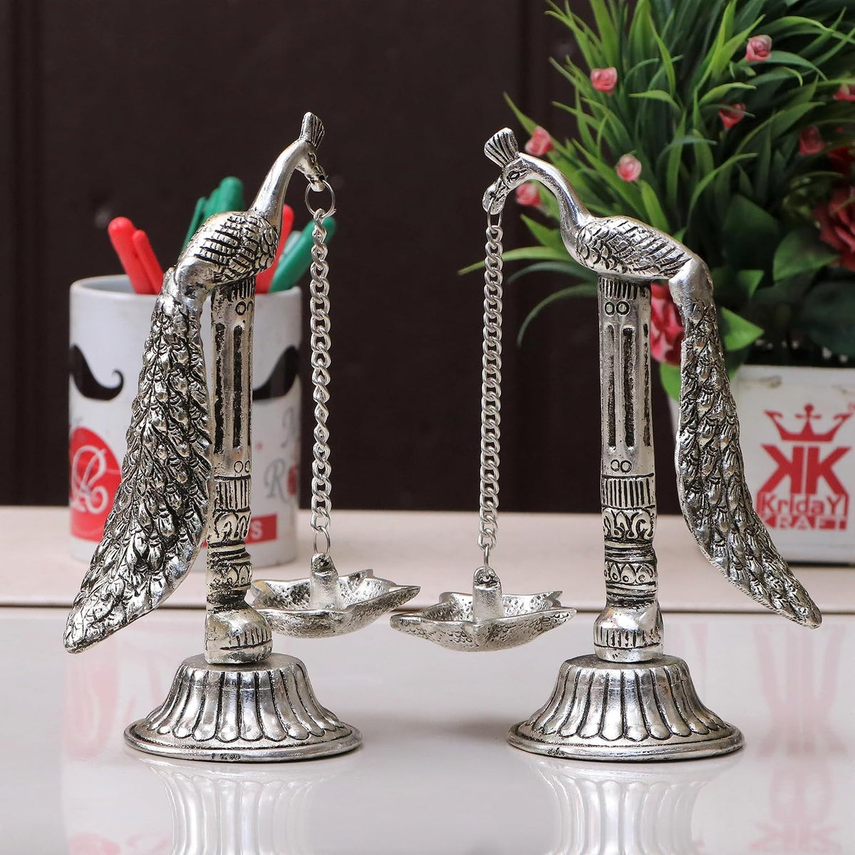 KridayKraft Peacock Design Metal Hanging with Chain Diya Pair of Peacock Design Bird Diya Deepak Oil Lamp