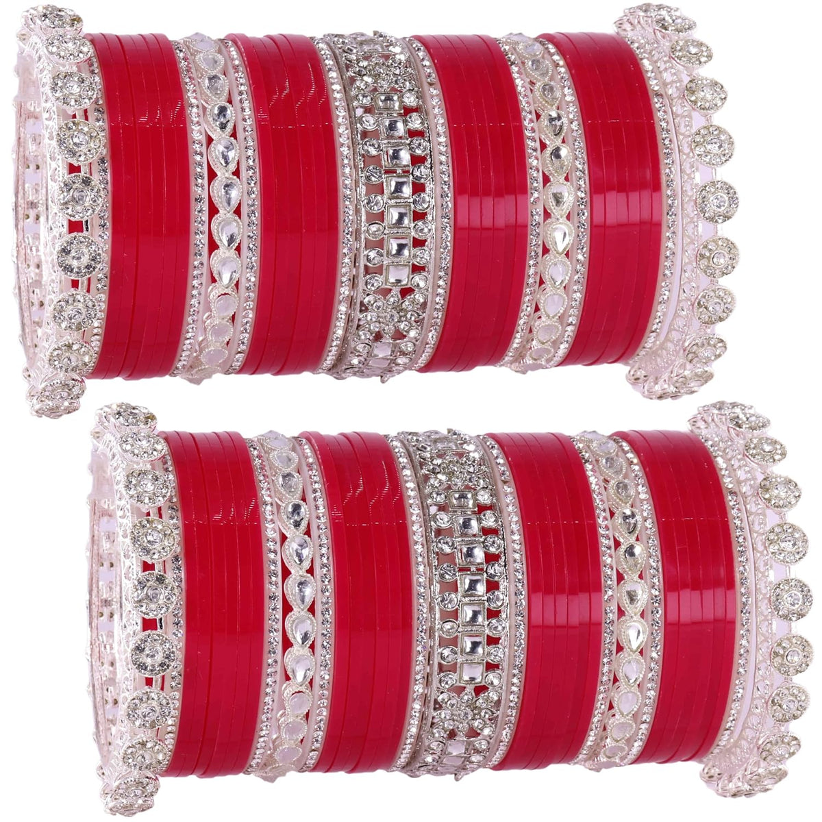 NMII Premium Metal Bangles Silver Chuda Set For Bridal Women & Girls with Zircon Diamond & Kundan Beads | Designer AD Chuda | Bridal Bangles Chooda Set For Wedding, Party, Occasion-Set of 74
