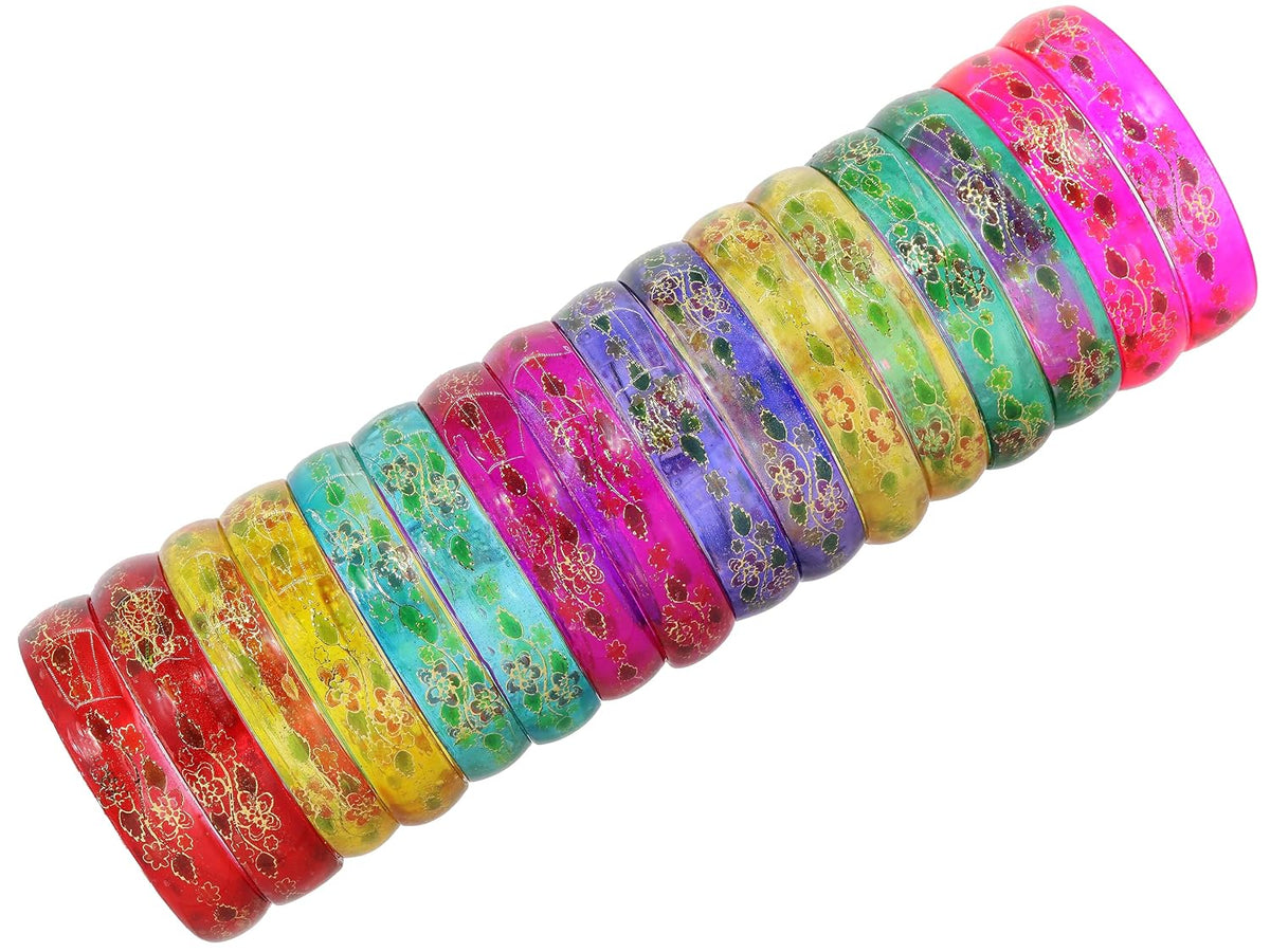 NMII Multi Colour Glass with Flower Print Kada Bangles Combo Set For Women and Girls | Fancy Glass Bangles Bracelet | Stylish Women's Kangan | Plain Simple Kada- Set of 16