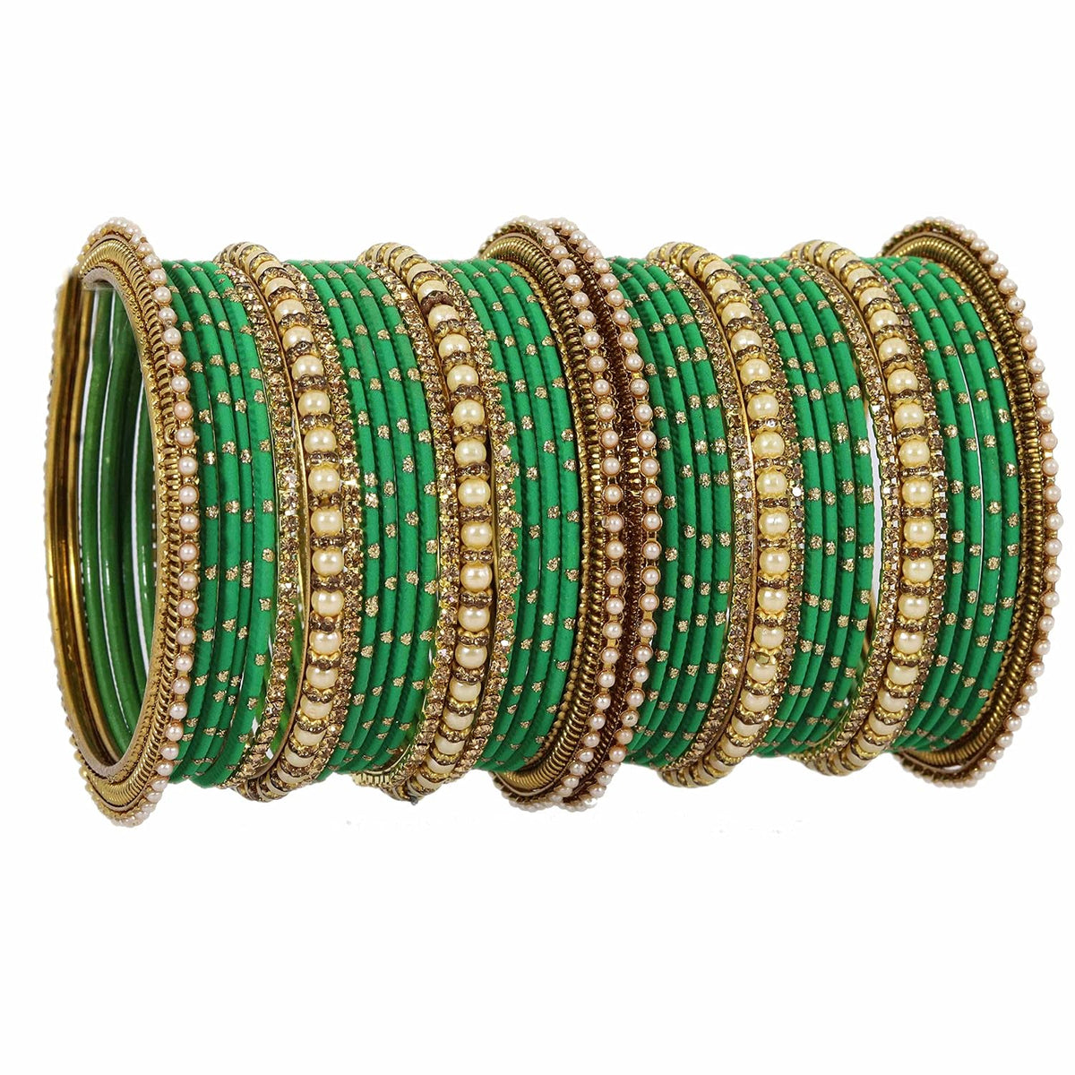 NMII Non-Precious Metal with Base Metal and Studded with Zircon Gemstone or Pearls Glossy Finished Traditional Bangle set for Women and Girls