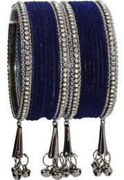 NMII Metal with Zircon Gemstone and Velvet Adorned Bells Latkan Bangles Set For Girls and Women