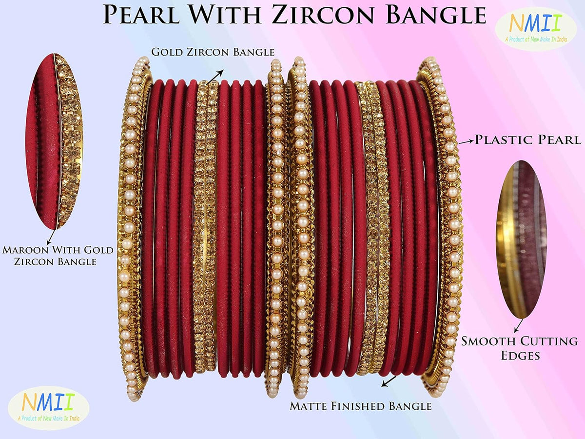 NMII Non-Precious Metal Base Metal Studded with Zircon Gemstone Or Pearl with Cutting Shaped Matte Finished Bangle Set For Women and Girls