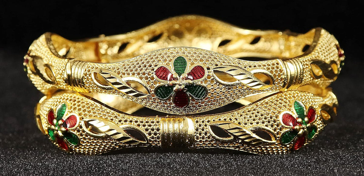 NMII Brass with Zircon Gesmtone and Meenakari Worked Glossy Finished Gold Polished Premium Bangle Kada set For Women and Girls