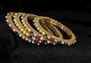 NMII Glass Golden Zircon Gemstone & Colorful Beads Studded Bangles Kada Set For Women & Girls | Traditional Stylish Kangan | Bangles For Women Glass | Wedding, Party, Occasion Wear Bangle- Set of 4
