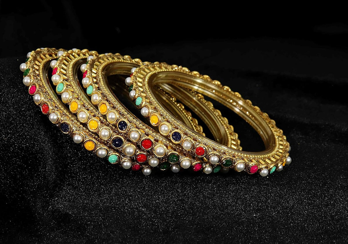 NMII Glass Golden Zircon Gemstone & Colorful Beads Studded Bangles Kada Set For Women & Girls | Traditional Stylish Kangan | Bangles For Women Glass | Wedding, Party, Occasion Wear Bangle- Set of 4