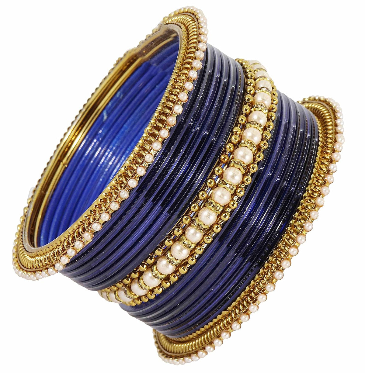 NMII Non-Precious Metal Base Metal Studded with Pearl or Zircon Gemstone and Linked with Ball Chain Glossy Finished Bangle Set For Women and Girls