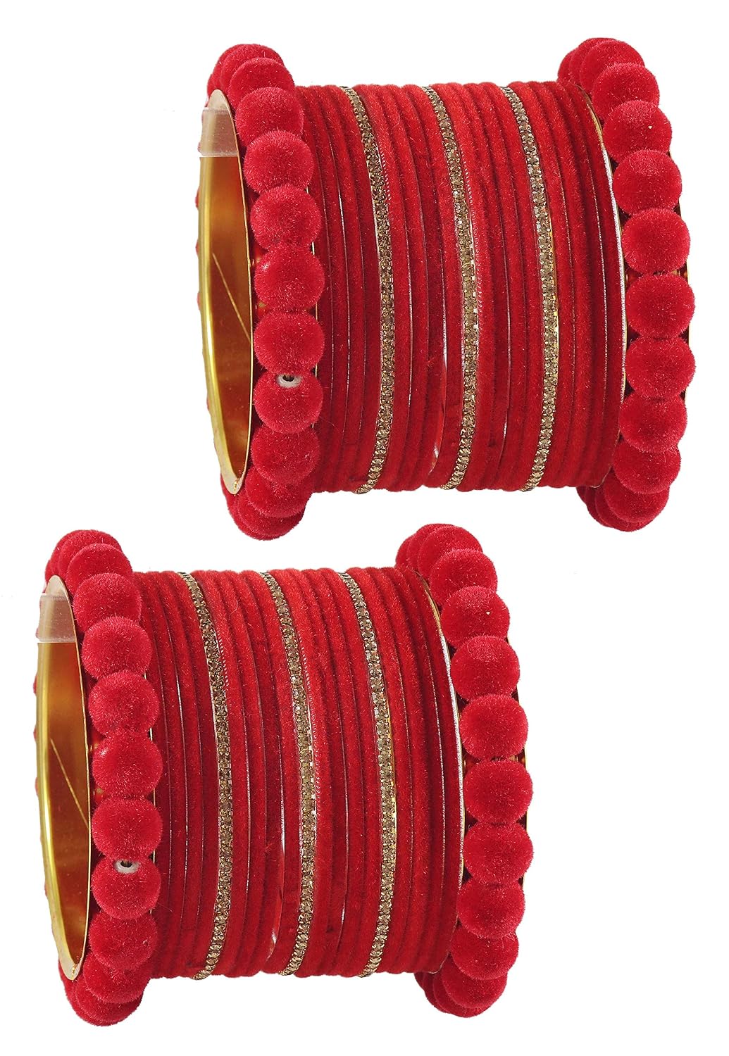 NMII Fancy Metal with Velvet Balls & Golden Zircon Stone Bangles Set For Women and Girls | Designer Bangles For Girls | Chuda Set For Bridal | Women's Bangles | Fashion Jewellery- Set of 42