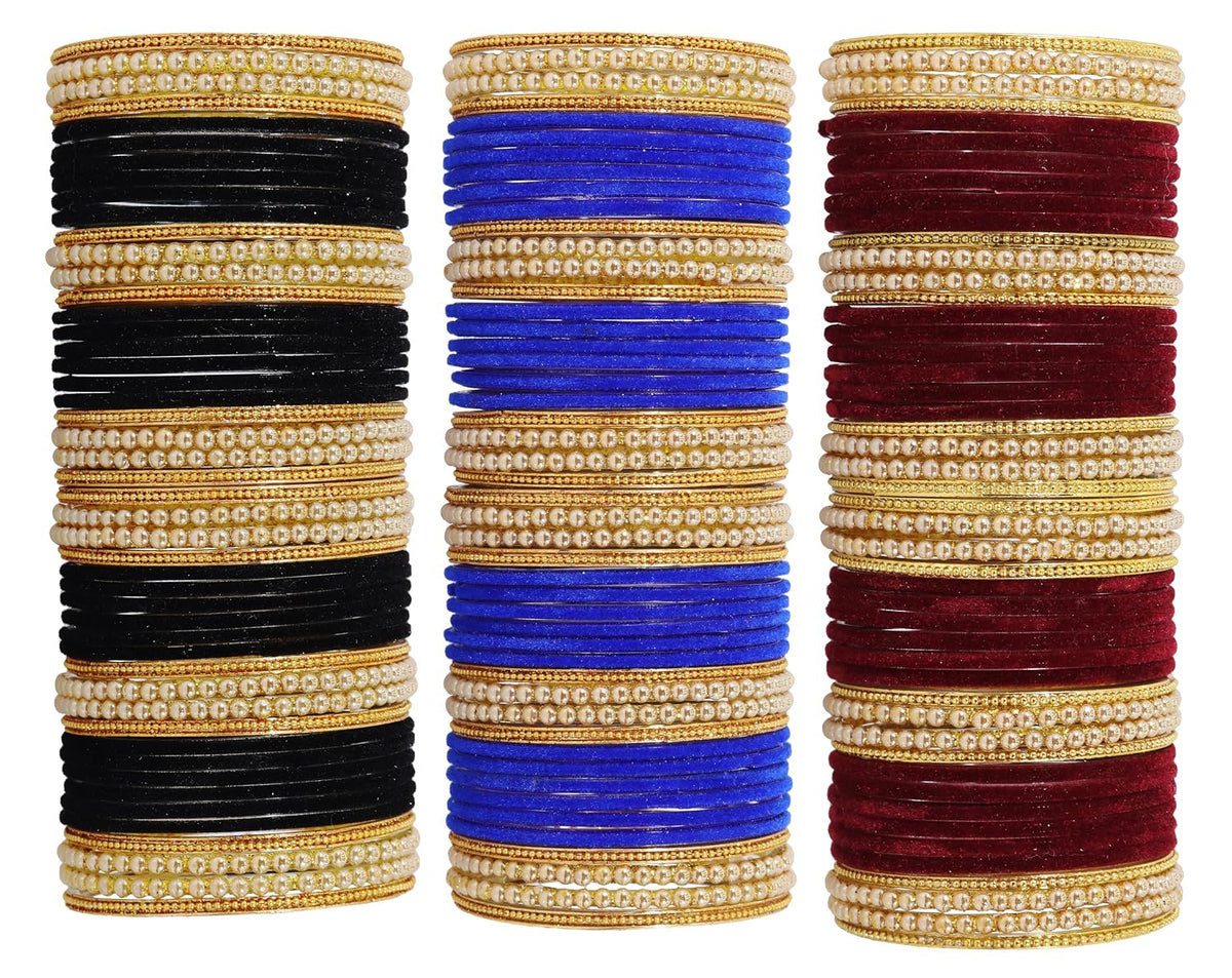 NMII Glass with Premium Velvet, Pearls and Ballchain Studded Fancy Bangles Set For Women's and Girls | Multicolour Stylish Bangles Set- Pack of 144 Bangles, (Multicolour_2.8 Inches)