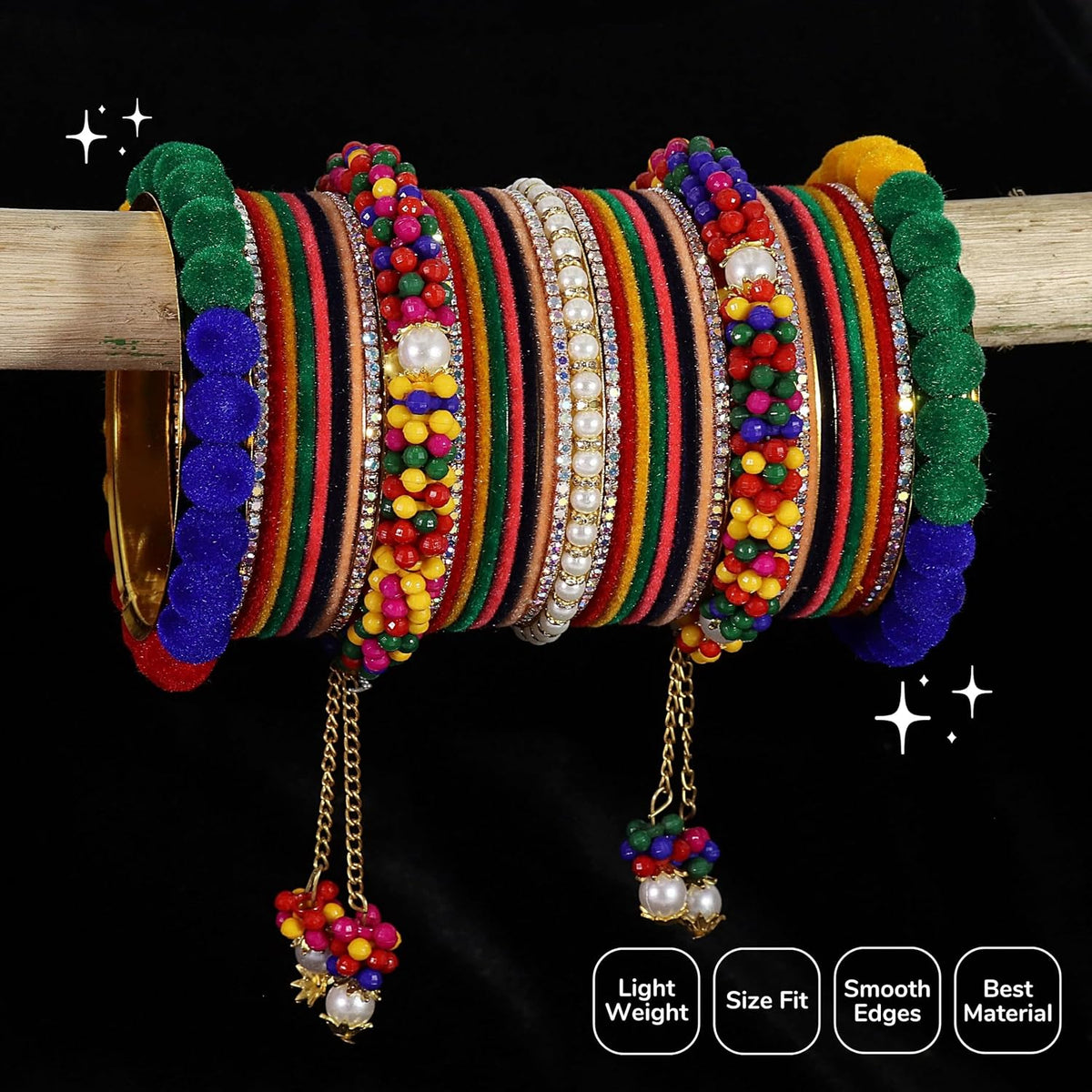 NMII Velvet Metal Bangles Pearls Moti Latkan Chuda Set For Bridal Women & Girls with American Diamond Stone | Beautiful Chuda Set | Bangles For Women | Premium Chura Set For Women- Set of 74