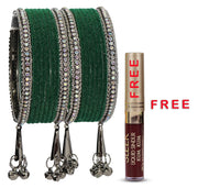 NMII Metal with Zircon Gemstone and Velvet Adorned Bells Latkan Bangles Set For Girls and Women