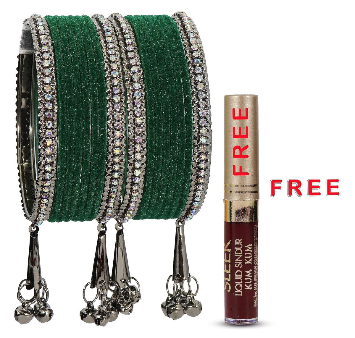 NMII Metal with Zircon Gemstone and Velvet Adorned Bells Latkan Bangles Set For Girls and Women