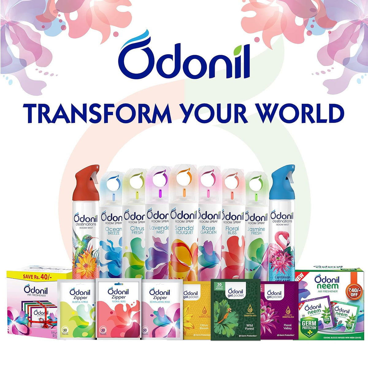 Odonil Room Air Freshener Spray - 440ml Combo (Pack of 2, 220ml each) | Floral Bliss & Lavender Mist | Nature Inspired Fragrance | Long Lasting Fragrance | For Bathroom, Toilet, Home & Office
