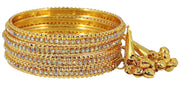 NMII Alloy Metal With Zircon Gemstone and Bells Latkan Linked Traditional Bangles Set For Girls and Women
