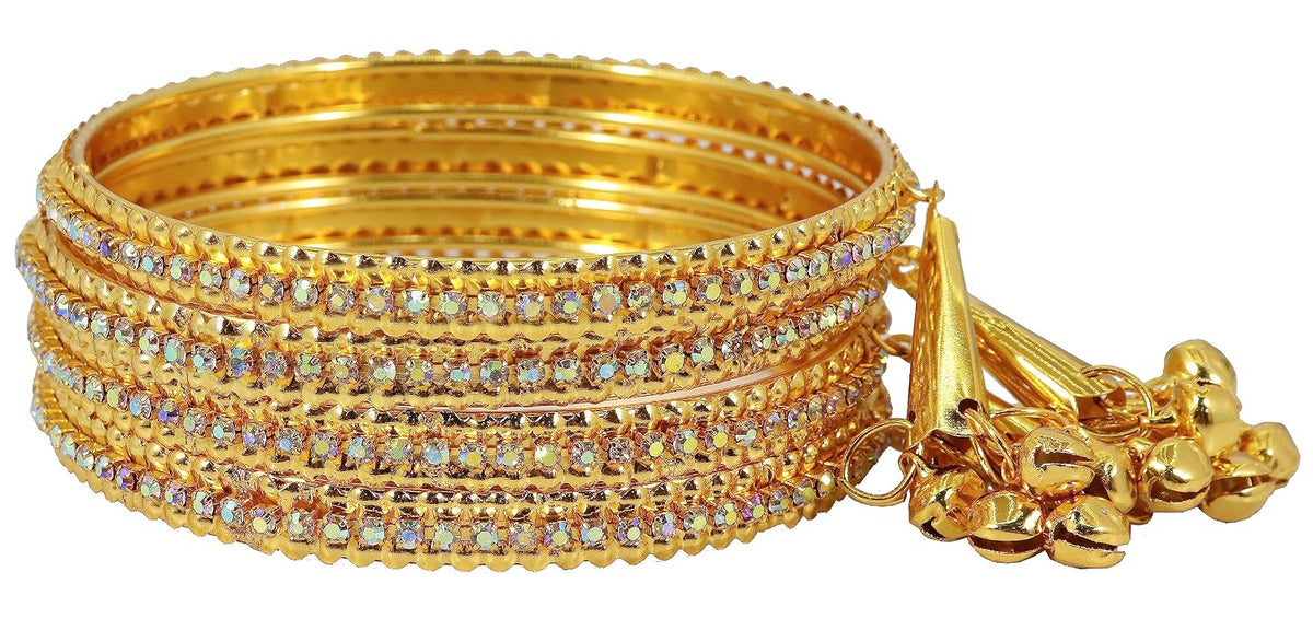 NMII Alloy Metal With Zircon Gemstone and Bells Latkan Linked Traditional Bangles Set For Girls and Women