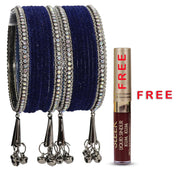 NMII Metal with Zircon Gemstone and Velvet Adorned Bells Latkan Bangles Set For Girls and Women