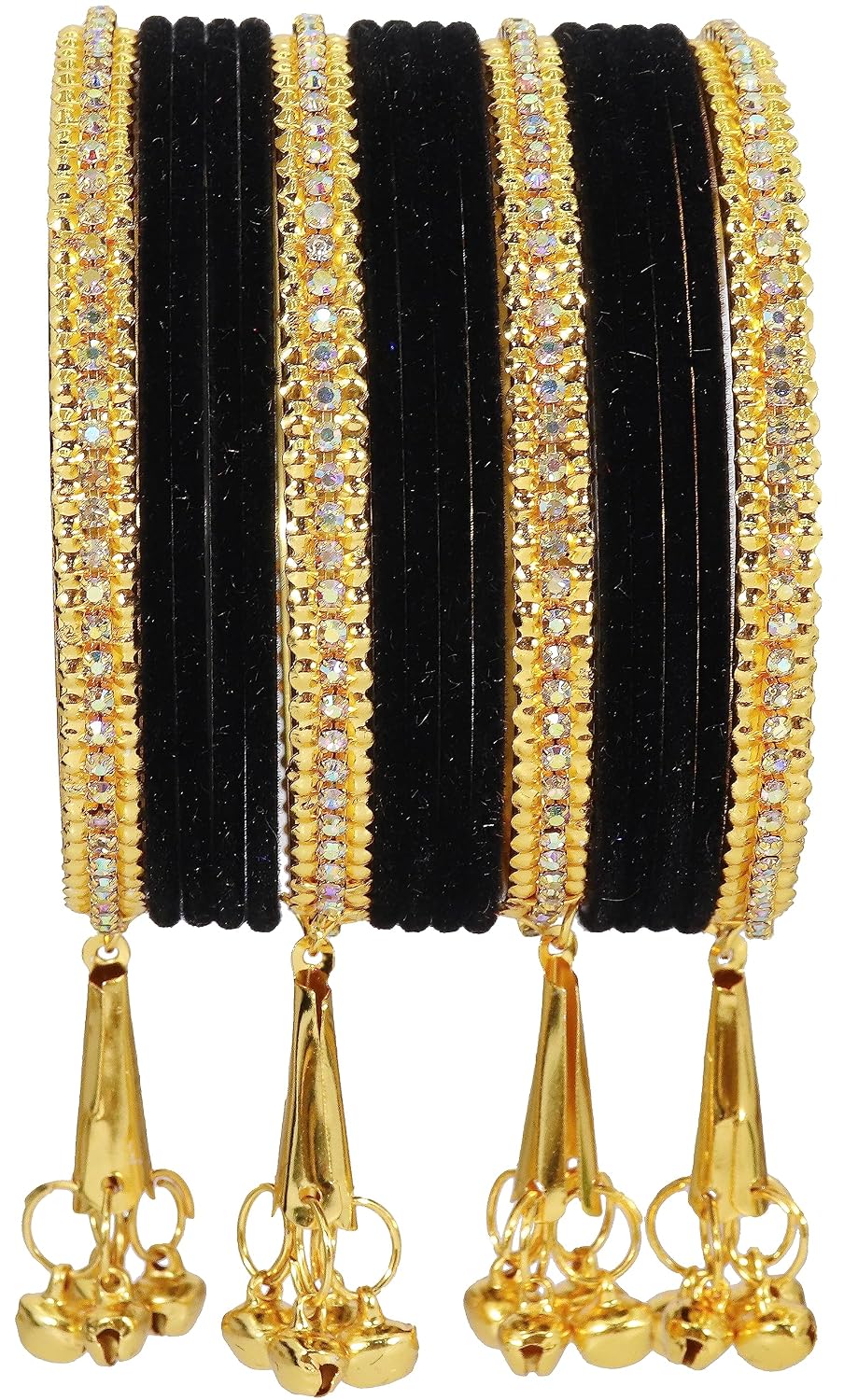 NMII Metal with Zircon Gemstone and Velvet Studded Bells Latkan Bangles Set For Girls and Women I Latkan Bangles, Premium Bangle Bracelet Set I Pack of 16 Bangles