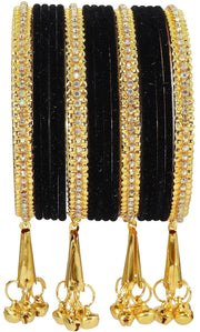 NMII Metal with Zircon Gemstone and Velvet Studded Bells Latkan Bangles Set For Girls and Women I Latkan Bangles, Premium Bangle Bracelet Set I Pack of 16 Bangles