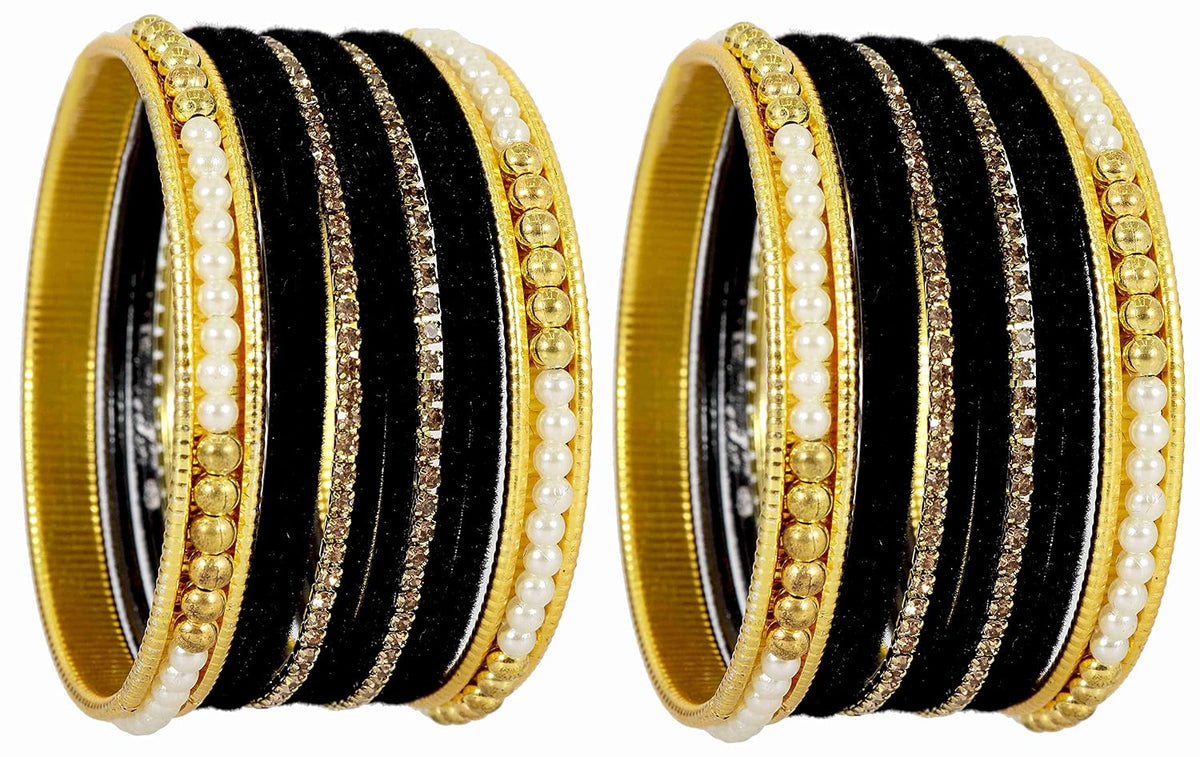 NMII Metal with Zircon Gemstone and Pearls Studded Velvet Bangle Set for Women and Girls