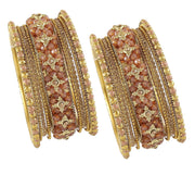 NMII Non-Precious Metal Base Metal with Zircon Gemstone Or Pearl and Flower Pattern with Ball Chain Linked Glossy Finished Bangle Set