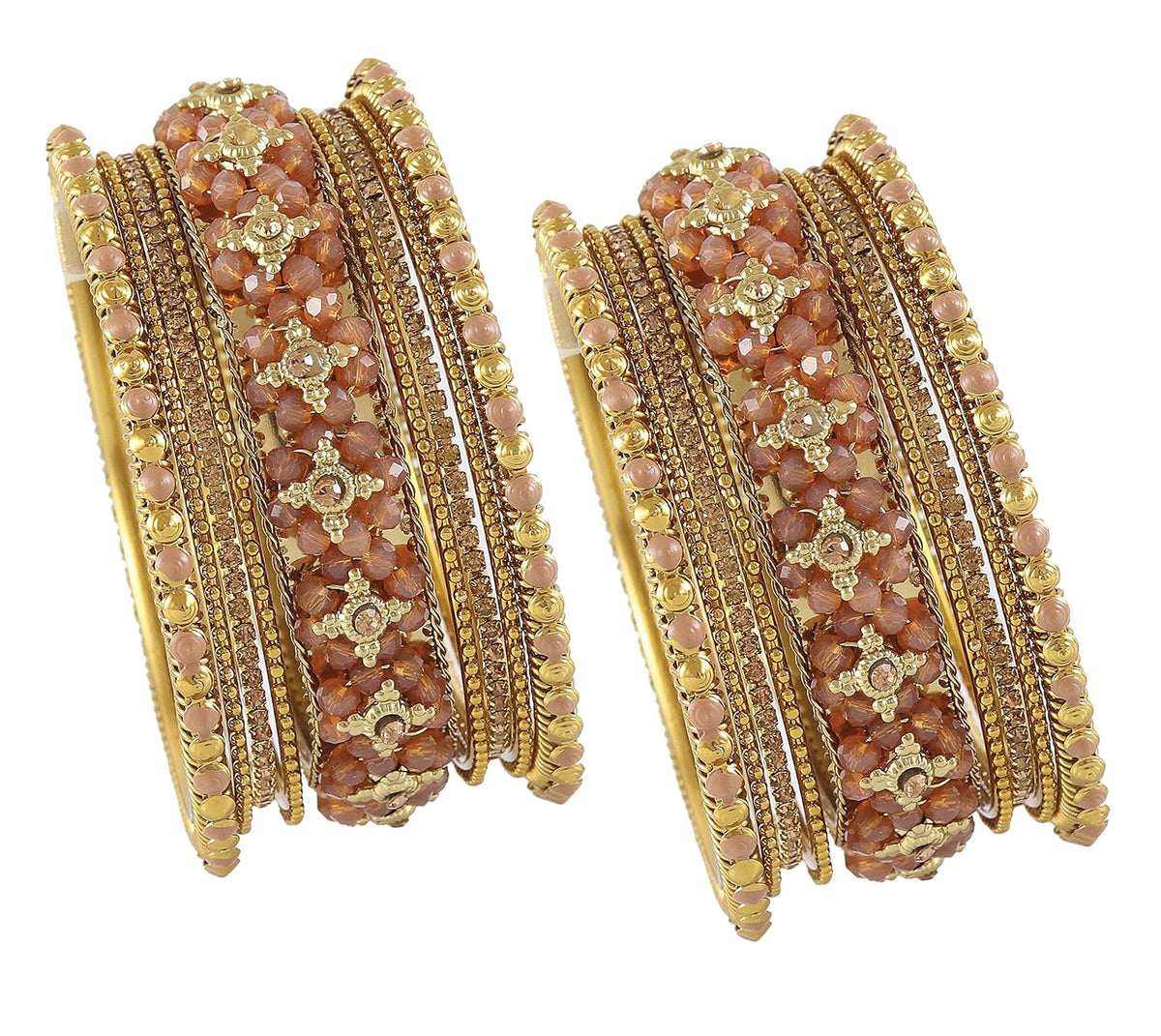 NMII Non-Precious Metal Base Metal with Zircon Gemstone Or Pearl and Flower Pattern with Ball Chain Linked Glossy Finished Bangle Set