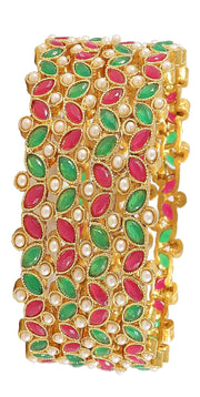 NMII Metal With Kundan and Beads Studded Flower Look Kada Set For Women and Girls