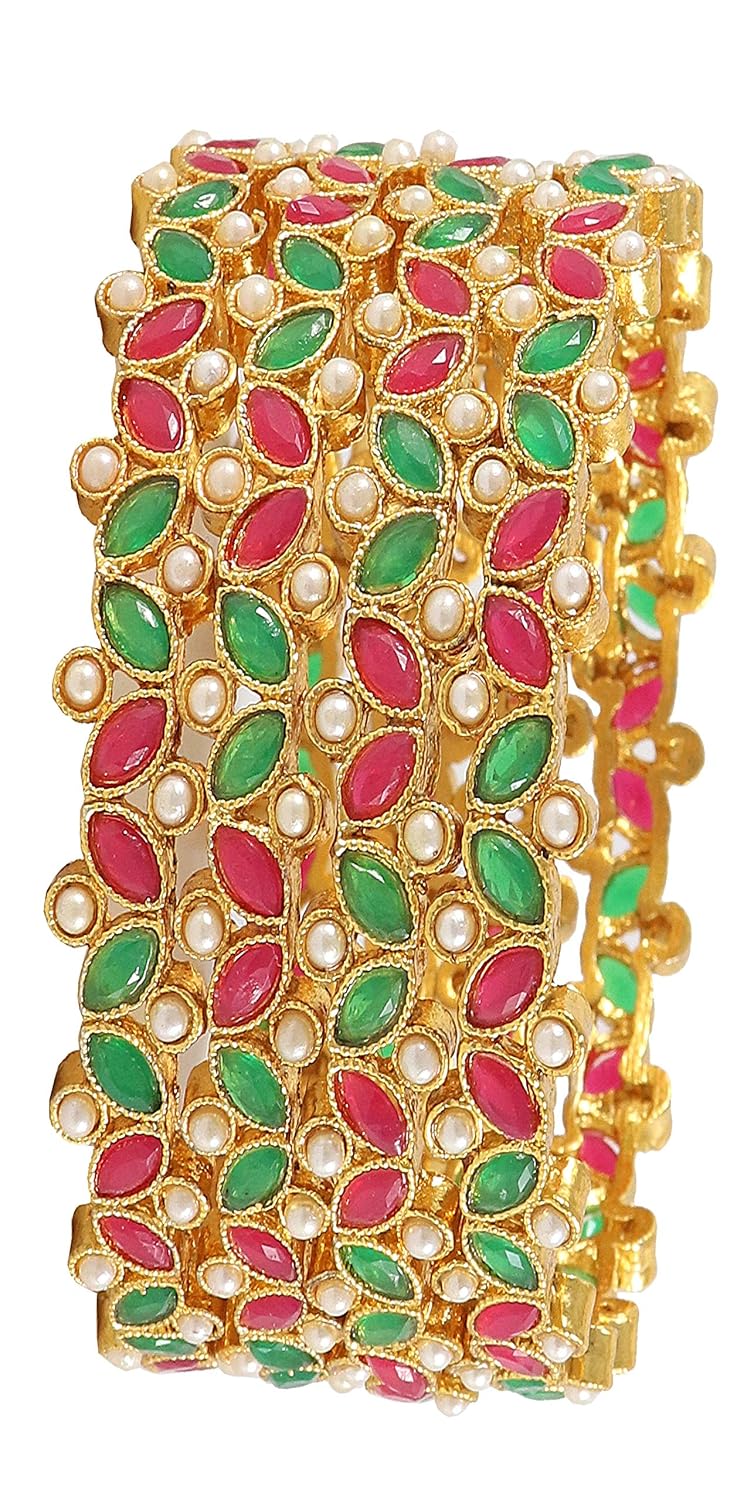 NMII Metal With Kundan and Beads Studded Flower Look Kada Set For Women and Girls