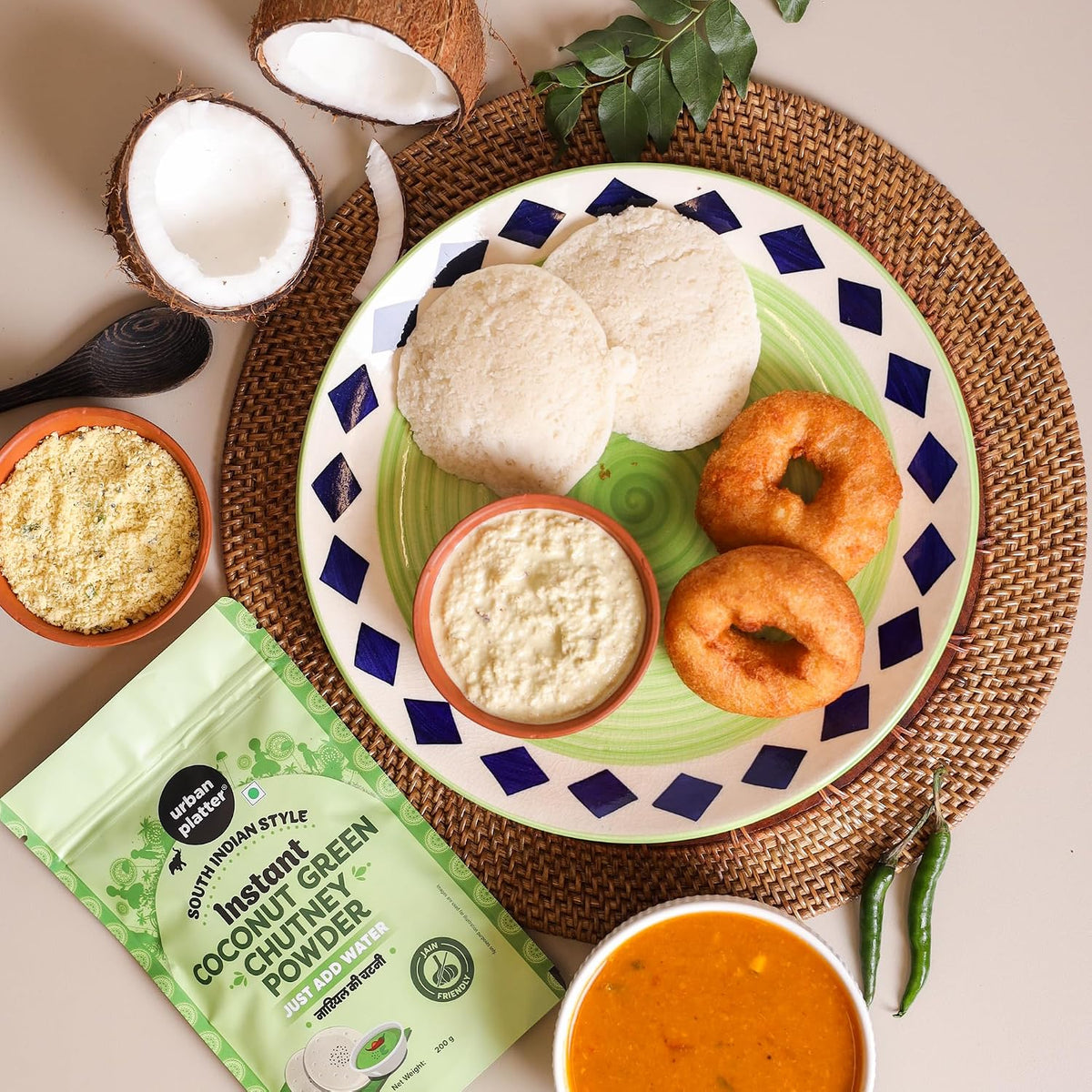 Urban Platter South Indian Style Instant Coconut Green Chutney Powder, 200g / 7oz [Nariyal ki Chutney, Just Add Water]