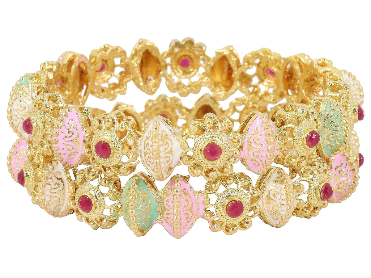 NMII Brass Gold Plated Bangles Set For Girls and Women Studded Pearls and Stone | Gold Plated Brass Bangles | Metal bangles | (Pack of 2)