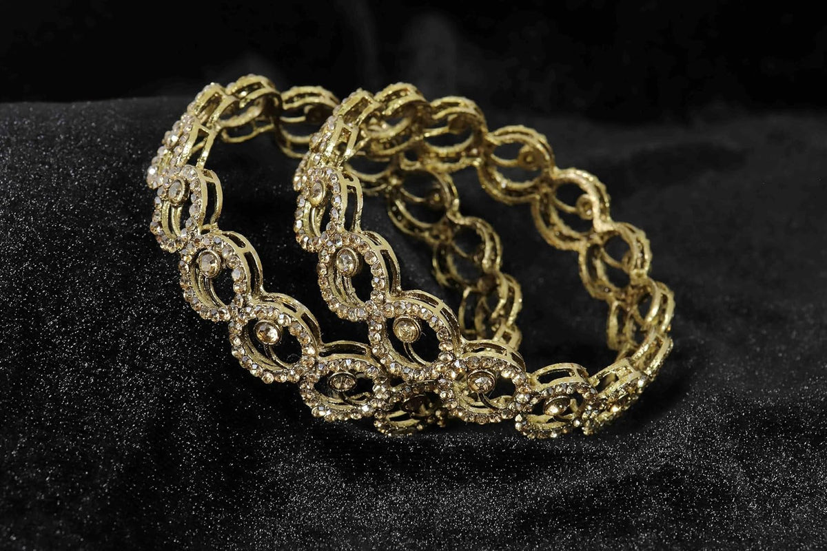 NMII Stylish Alloy Metal Gold Plated Bangles Set For Girls and Women Studded American Diamond Stone | Fancy Diamond Bangles | Metal bangles | Women Bangles For Wedding, Party, Function- Set of 2