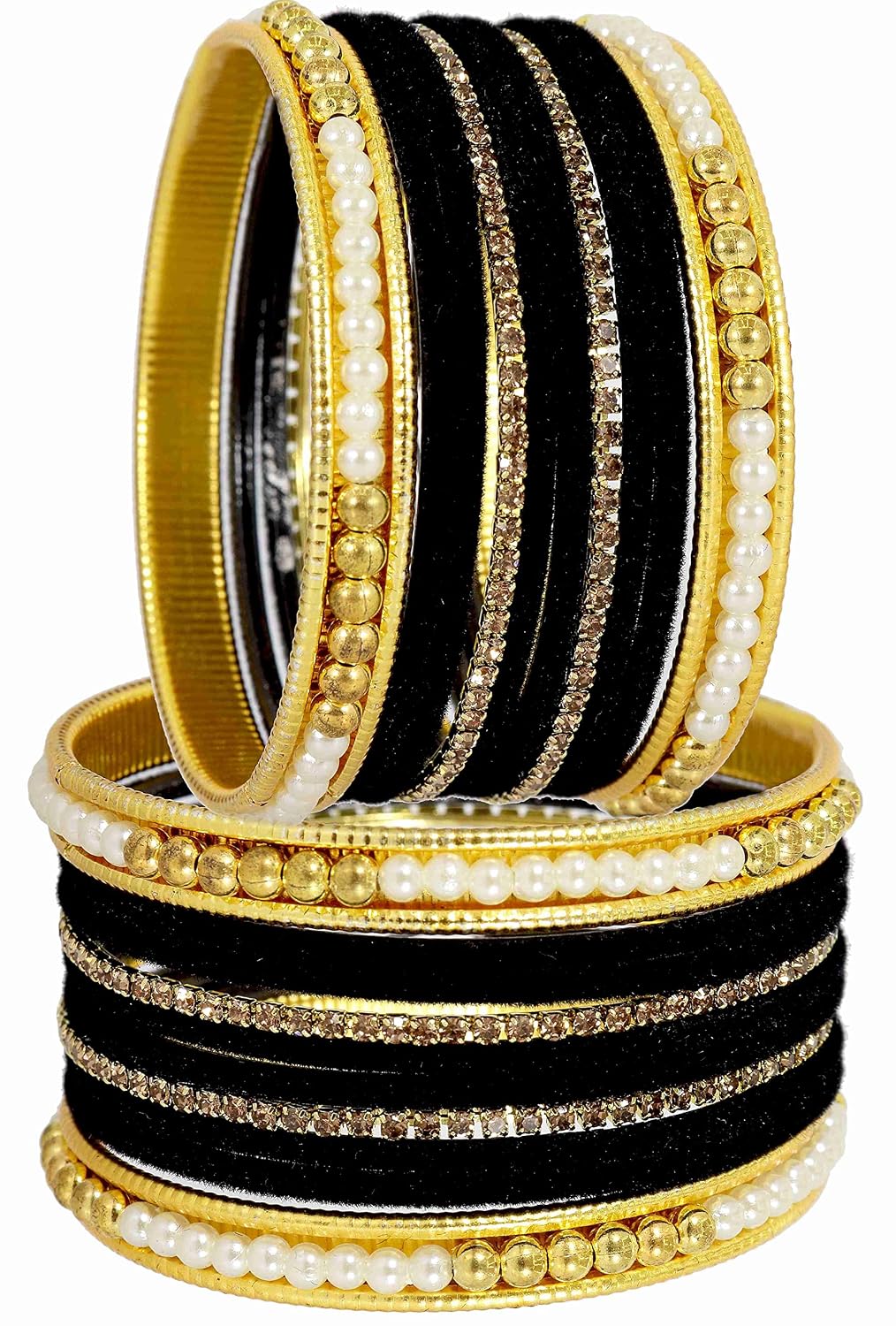 NMII Metal with Zircon Gemstone and Pearls Studded Velvet Bangle Set for Women and Girls