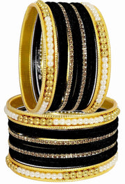 NMII Metal with Zircon Gemstone and Pearls Studded Velvet Bangle Set for Women and Girls