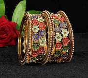 NMII Non-Precious Metal with Base Metal Meenakari Worked Zircon Gemstone or Pearls Studded Glossy Finished Flower Pattern Bangle set for Women and Girls