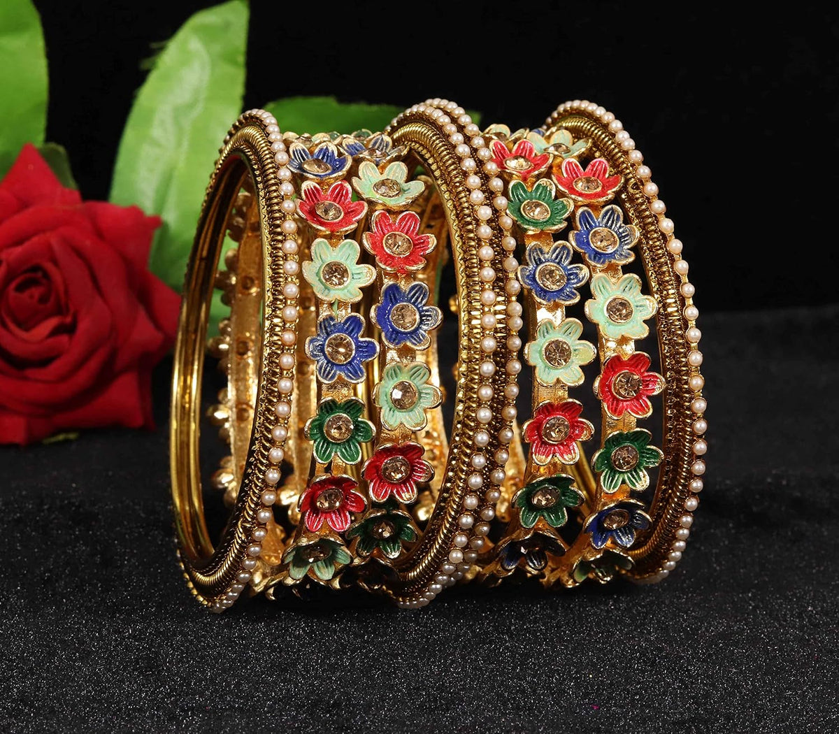 NMII Non-Precious Metal with Base Metal Meenakari Worked Zircon Gemstone or Pearls Studded Glossy Finished Flower Pattern Bangle set for Women and Girls