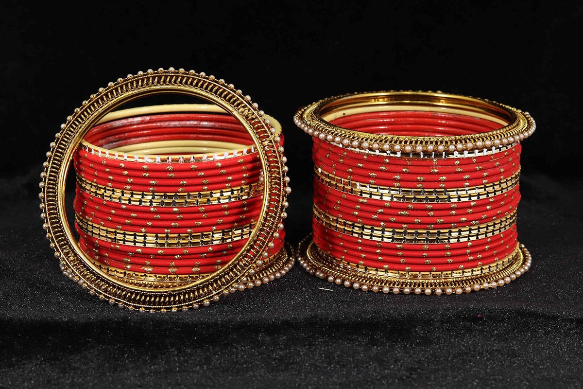 NMII Non-Precious Metal with Base Metal Zari Dotted and Pearls Studded Glossy Finished Traditional Bangle set for Women and Girls