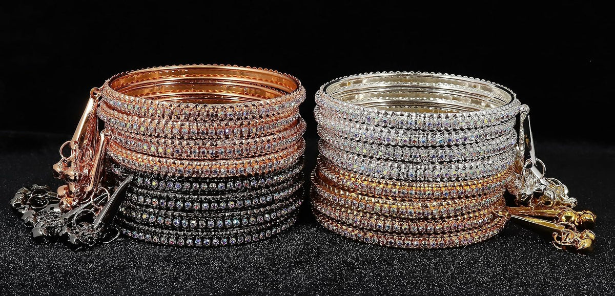 NMII Alloy Metal With Zircon Gemstone and Bells Latkan Linked Traditional Bangles Set For Girls and Women