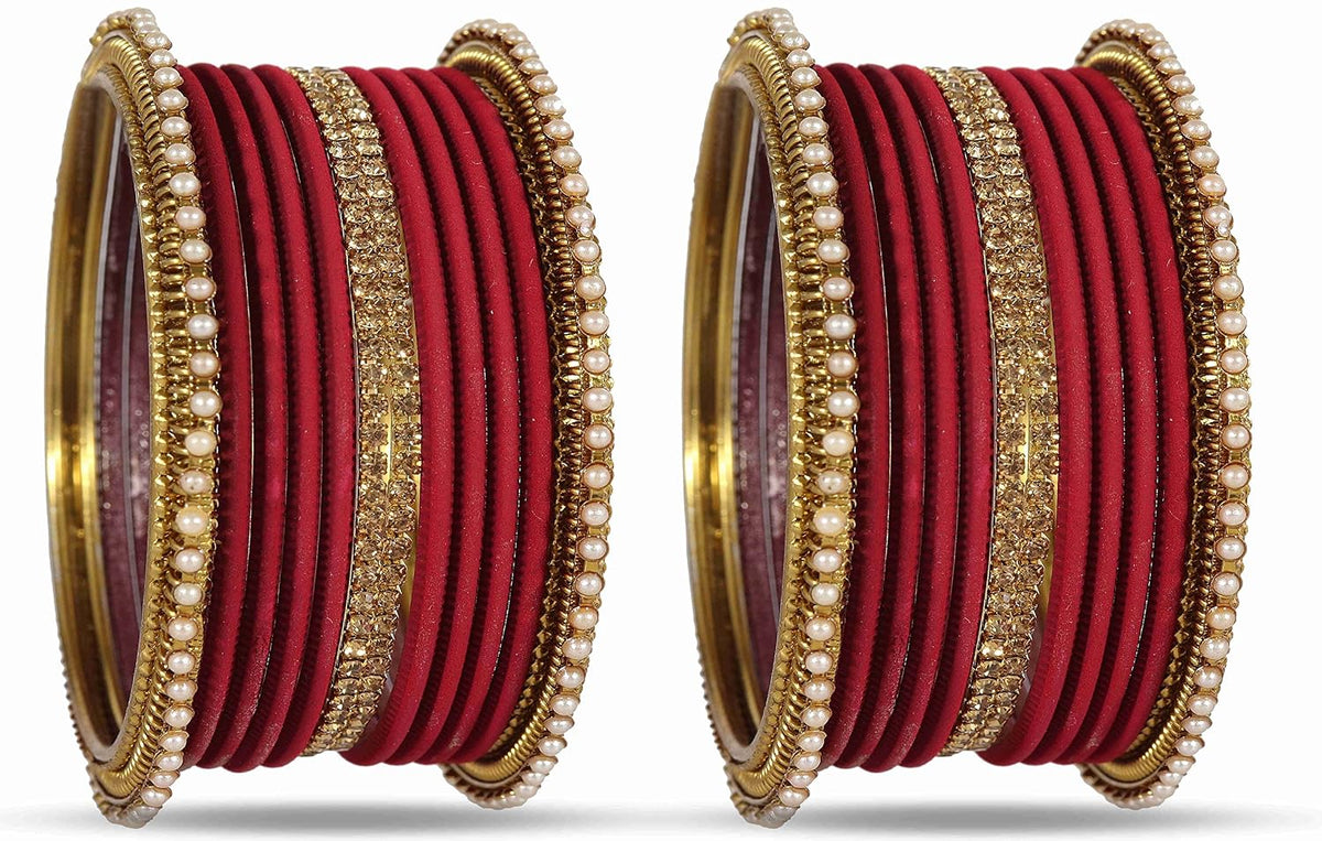 NMII Non-Precious Metal Base Metal Studded with Zircon Gemstone Or Pearl with Cutting Shaped Matte Finished Bangle Set For Women and Girls