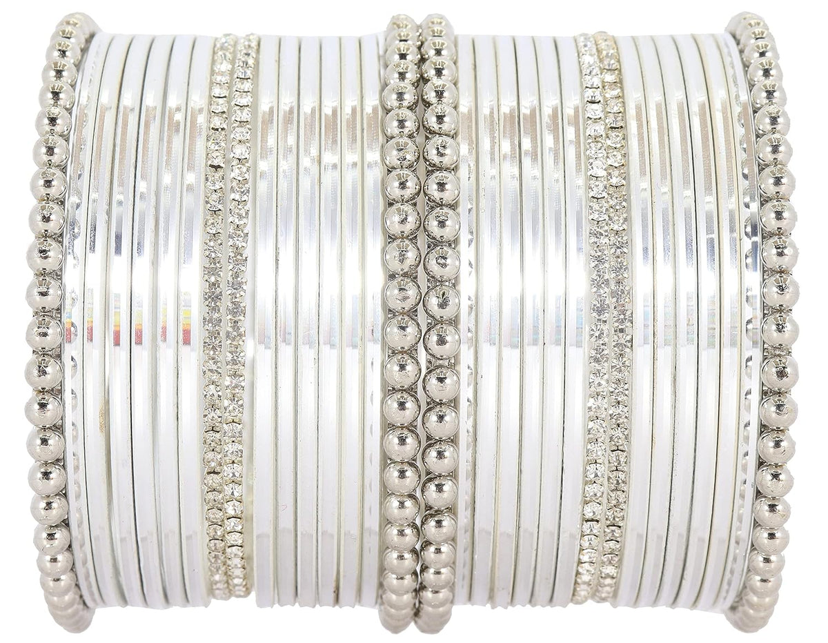 NMII Non-Precious Metal Base Metal Studded with Zircon Gemstone and Ball Chain Linked Glossy Finished Bangle Set For Women and Girls