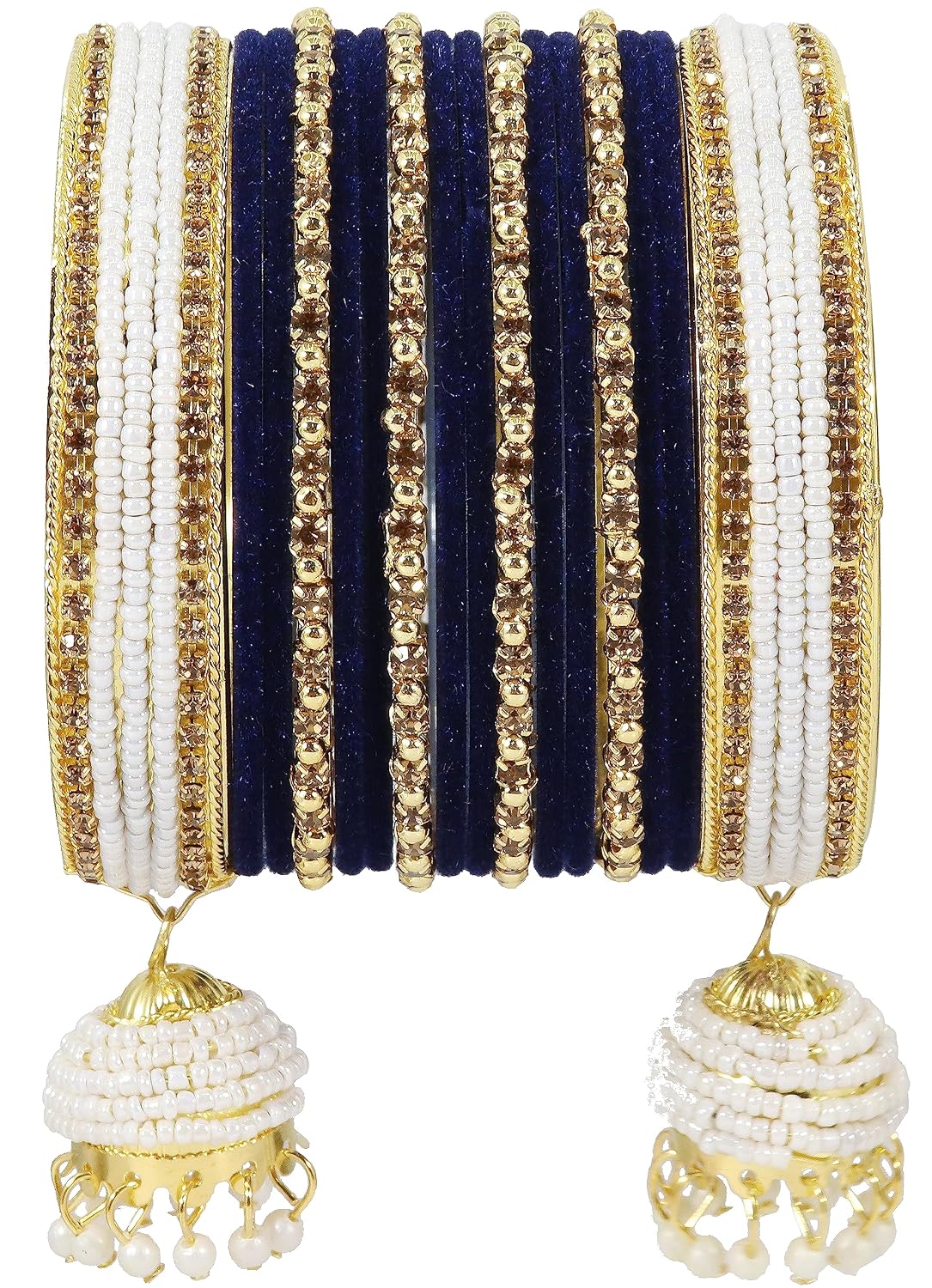 NMII Alloy Metal with Zircon Gemstone, Pearls and Velvet Latkan Golden Bangles Set For Girls and Women