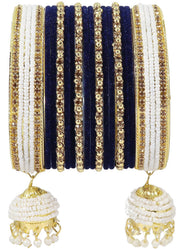 NMII Alloy Metal with Zircon Gemstone, Pearls and Velvet Latkan Golden Bangles Set For Girls and Women